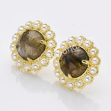 Gold Plated Claw Rainbow Natural Stones Faceted Pearl Round Stud Earrings WX2243