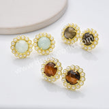 Gold Plated Claw Rainbow Natural Stones Faceted Pearl Round Stud Earrings WX2243