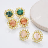 Gold Plated Claw Rainbow Natural Stones Faceted Pearl Round Stud Earrings WX2243