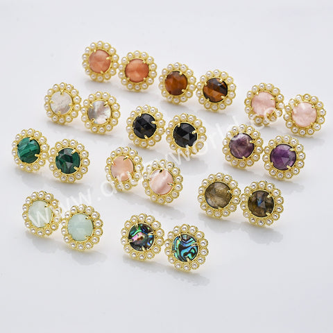 Gold Plated Claw Rainbow Natural Stones Faceted Pearl Round Stud Earrings WX2243