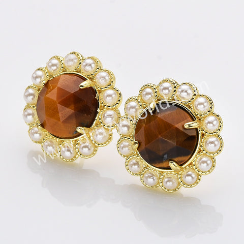 Gold Plated Claw Rainbow Natural Stones Faceted Pearl Round Stud Earrings WX2243