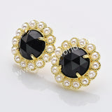 Gold Plated Claw Rainbow Natural Stones Faceted Pearl Round Stud Earrings WX2243