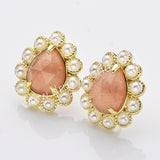 Gold Plated Claw Rainbow Natural Stones Faceted Pearl Teardrop Stud Earrings WX2244