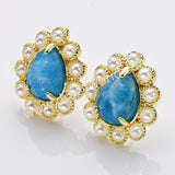Gold Plated Claw Rainbow Natural Stones Faceted Pearl Teardrop Stud Earrings WX2244