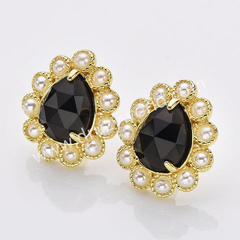 Gold Plated Claw Rainbow Natural Stones Faceted Pearl Teardrop Stud Earrings WX2244