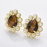 Gold Plated Claw Rainbow Natural Stones Faceted Pearl Teardrop Stud Earrings WX2244