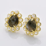 Gold Plated Claw Rainbow Natural Stones Faceted Pearl Teardrop Stud Earrings WX2244