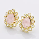 Gold Plated Claw Rainbow Natural Stones Faceted Pearl Teardrop Stud Earrings WX2244