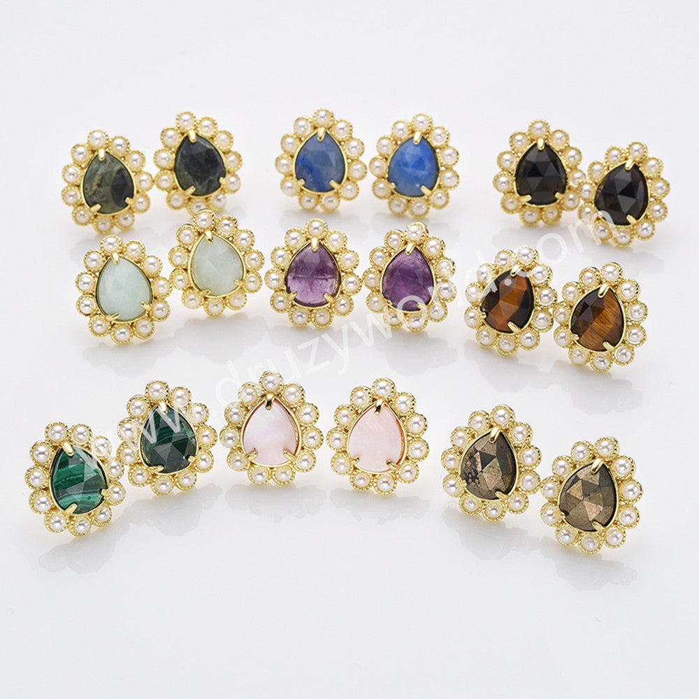 Gold Plated Claw Rainbow Natural Stones Faceted Pearl Teardrop Stud Earrings WX2244