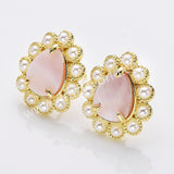 Gold Plated Claw Rainbow Natural Stones Faceted Pearl Teardrop Stud Earrings WX2244