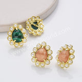 Gold Plated Claw Rainbow Natural Stones Faceted Pearl Teardrop Stud Earrings WX2244