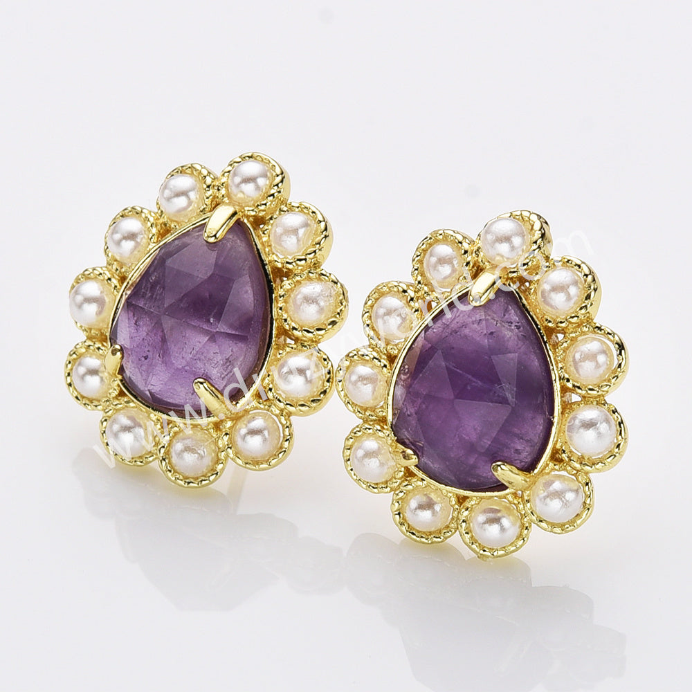 Gold Plated Claw Rainbow Natural Stones Faceted Pearl Teardrop Stud Earrings WX2244