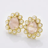 Gold Plated Claw Rainbow Natural Stones Faceted Pearl Teardrop Stud Earrings WX2244
