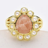 Gold Plated Claw Teardrop Rainbow Gemstone Faceted Pearl Ring, Fashion Jewelry WX2246