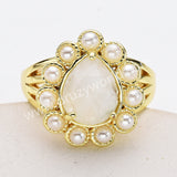 Gold Plated Claw Teardrop Rainbow Gemstone Faceted Pearl Ring, Fashion Jewelry WX2246