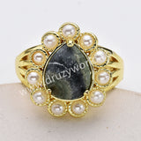 Gold Plated Claw Teardrop Rainbow Gemstone Faceted Pearl Ring, Fashion Jewelry WX2246