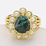 Gold Plated Claw Teardrop Rainbow Gemstone Faceted Pearl Ring, Fashion Jewelry WX2246