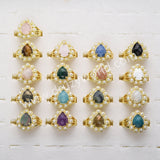 Gold Plated Claw Teardrop Rainbow Gemstone Faceted Pearl Ring, Fashion Jewelry WX2246