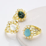Gold Plated Claw Teardrop Rainbow Gemstone Faceted Pearl Ring, Fashion Jewelry WX2246