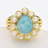 Gold Plated Claw Teardrop Rainbow Gemstone Faceted Pearl Ring, Fashion Jewelry WX2246