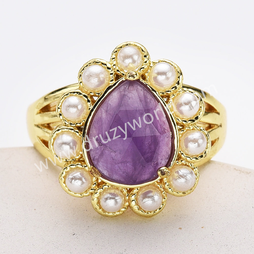 Gold Plated Claw Teardrop Rainbow Gemstone Faceted Pearl Ring, Fashion Jewelry WX2246