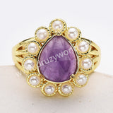 Gold Plated Claw Teardrop Rainbow Gemstone Faceted Pearl Ring, Fashion Jewelry WX2246