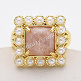 Gold Plated Claw Square Rainbow Gemstone Faceted Pearl Ring, Fashion Jewelry WX2247