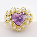 Gold Plated Claw Rainbow Gemstone Faceted Heart Pearl Ring, Fashion Jewelry WX2248