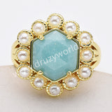 Gold Plated Claw Faceted Hexagon Rainbow Gemstone Pearl Ring, Fashion Jewelry WX2249