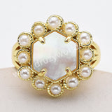 Gold Plated Claw Faceted Hexagon Rainbow Gemstone Pearl Ring, Fashion Jewelry WX2249