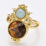Adjustable Gold Plated Double Circle Round Amazonite Multi Stones Star Moon Ring, Boho Jewelry WX2250