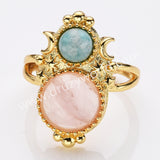 Adjustable Gold Plated Double Circle Round Amazonite Multi Stones Star Moon Ring, Boho Jewelry WX2250