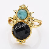 Adjustable Gold Plated Double Circle Round Amazonite Multi Stones Star Moon Ring, Boho Jewelry WX2250