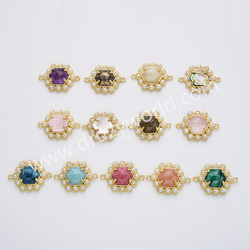 Hexagon Gold Plated Claw Rainbow Natural Stone Pearl Connector, For Jewelry Making WX2255