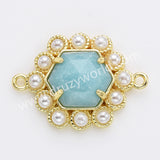 Hexagon Gold Plated Claw Rainbow Natural Stone Pearl Connector, For Jewelry Making WX2255