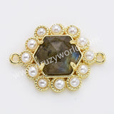 Hexagon Gold Plated Claw Rainbow Natural Stone Pearl Connector, For Jewelry Making WX2255