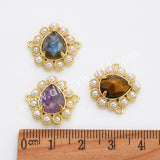Teardrop Gold Plated Claw Rainbow Natural Stone Pearl Connector, For Jewelry Making WX2256