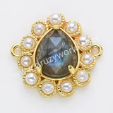 Teardrop Gold Plated Claw Rainbow Natural Stone Pearl Connector, For Jewelry Making WX2256