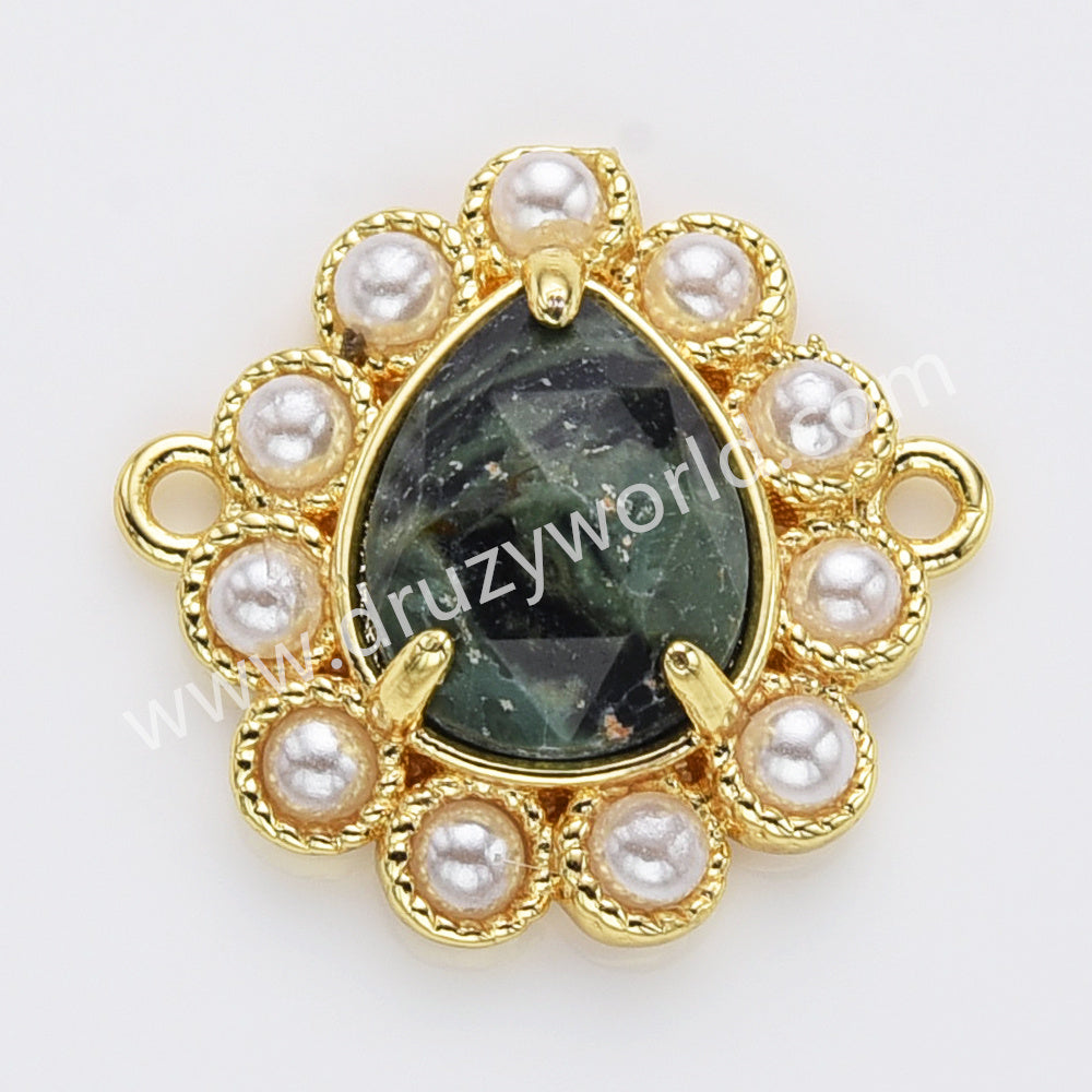 Teardrop Gold Plated Claw Rainbow Natural Stone Pearl Connector, For Jewelry Making WX2256