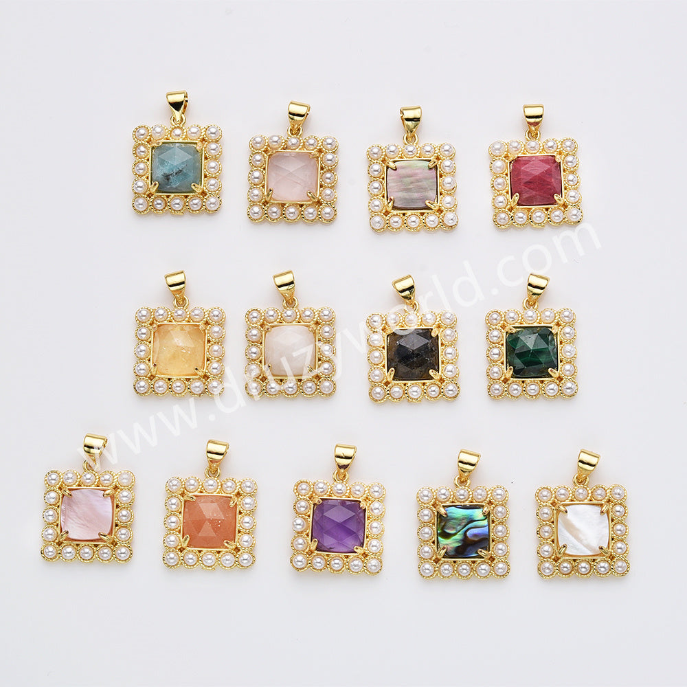 Gold Plated Claw Square Natural Stone Pearl Pendant Bead, For Jewelry Making WX2260