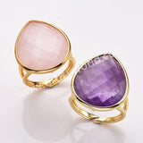 Gold Plated Big Teardrop Rainbow Gemstone Faceted Adjustable Ring WX2262