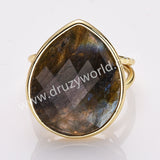 Gold Plated Big Teardrop Rainbow Gemstone Faceted Adjustable Ring WX2262