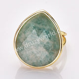 Gold Plated Big Teardrop Rainbow Gemstone Faceted Adjustable Ring WX2262