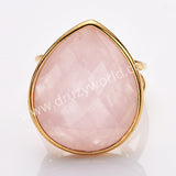 Gold Plated Big Teardrop Rainbow Gemstone Faceted Adjustable Ring WX2262