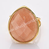 Gold Plated Big Teardrop Rainbow Gemstone Faceted Adjustable Ring WX2262