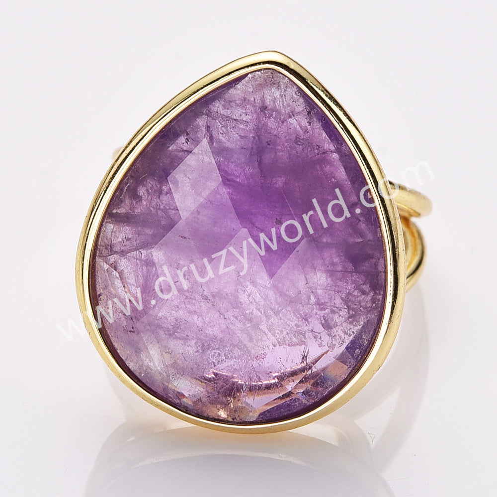 Gold Plated Big Teardrop Rainbow Gemstone Faceted Adjustable Ring WX2262
