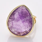 Gold Plated Big Teardrop Rainbow Gemstone Faceted Adjustable Ring WX2262