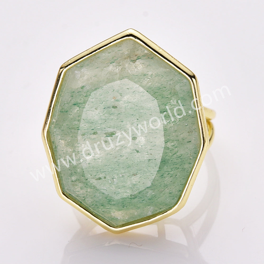 Gold Plated Geometry Big Green Aventurine Stone Faceted Adjustable Ring For Women WX2263