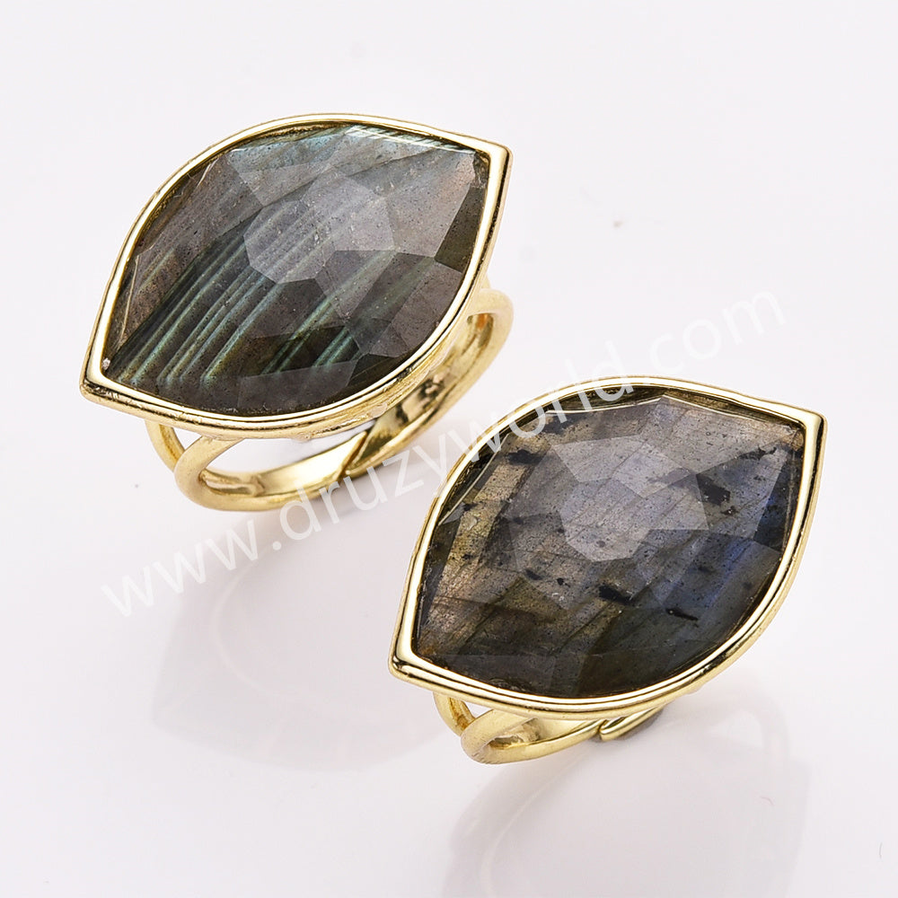 Gold Plated Big Marquise Labradorite Eye Faceted Gemstone Adjustable Ring WX2264