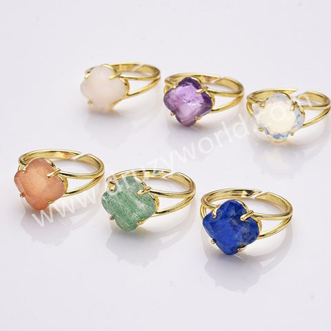 Gold Plated Clover Shape Opalite Crystal Stone Faceted Adjustable Ring WX2266